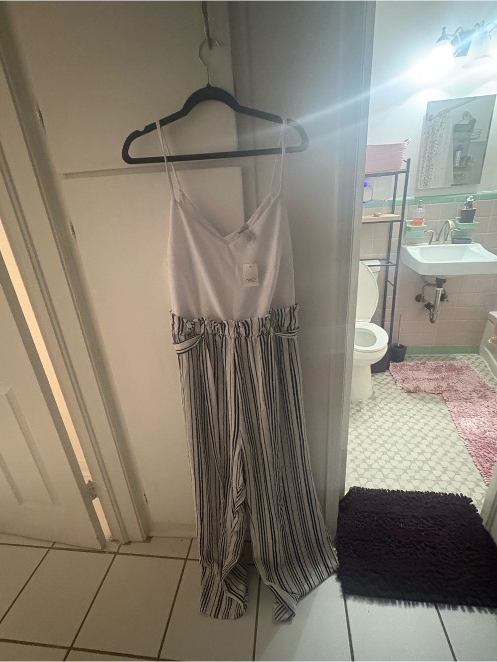 Rue21 White Cami Top with Black and White Striped Wide-Leg Jumpsuit